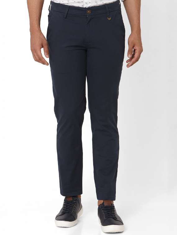 navy blue solid flat front casual trouser - 17709365 - Zoom Image - 0