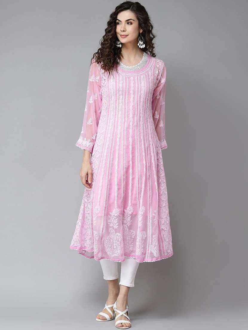 ada hand-embroidered pink chikankari a-line kurta - 17709439 -  Zoom Image - 0