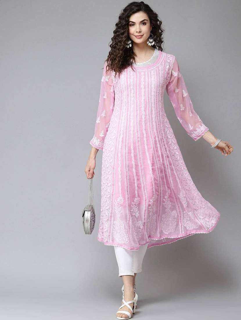 ada hand-embroidered pink chikankari a-line kurta - 17709439 - Standard Image - 3