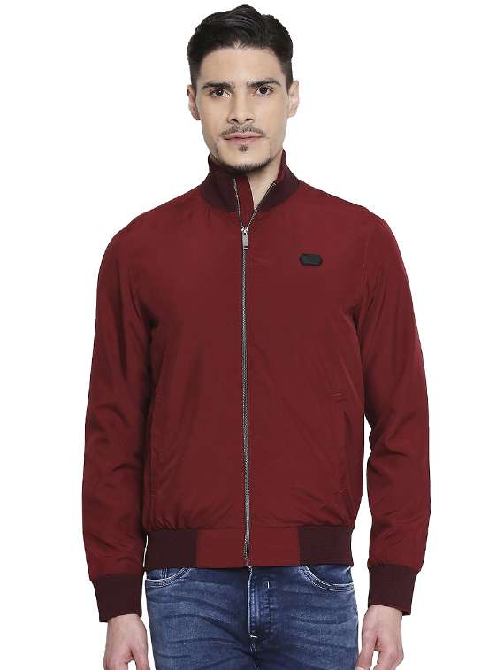 Buy online Maroon Solid Casual Jacket from Jackets for Men by