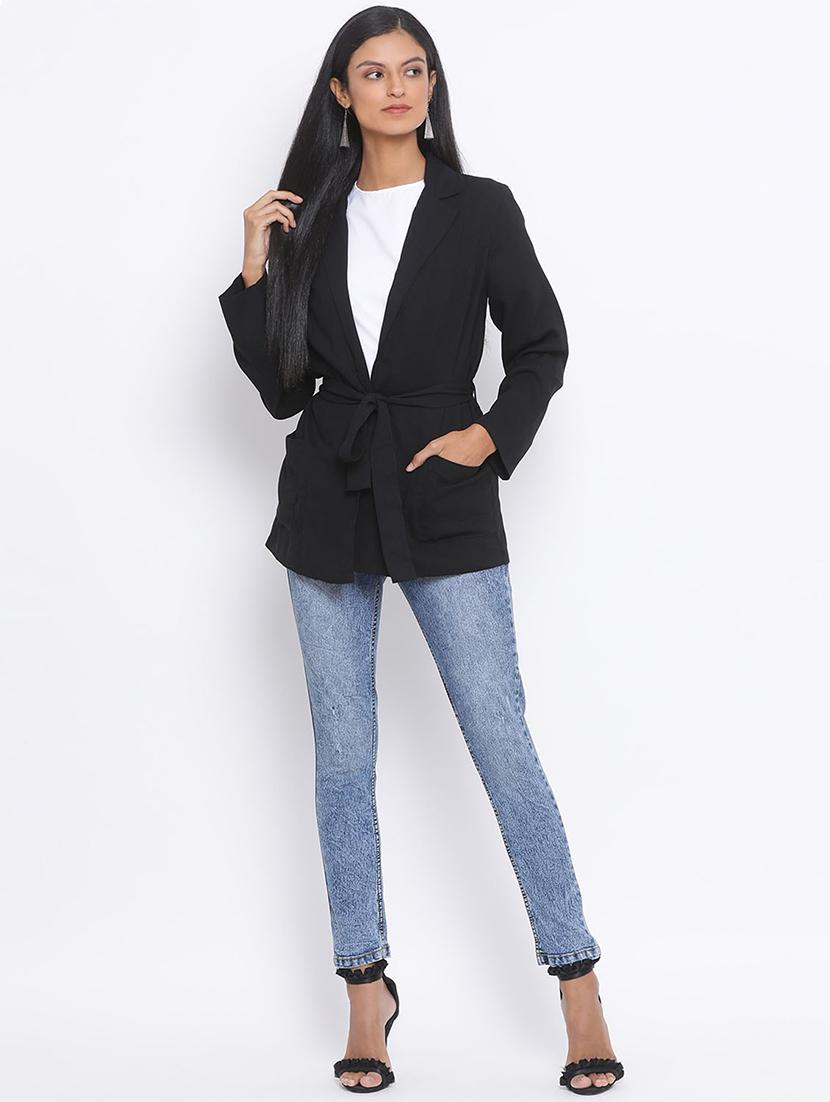 tie front solid blazer - 17715139 - Standard Image - 3