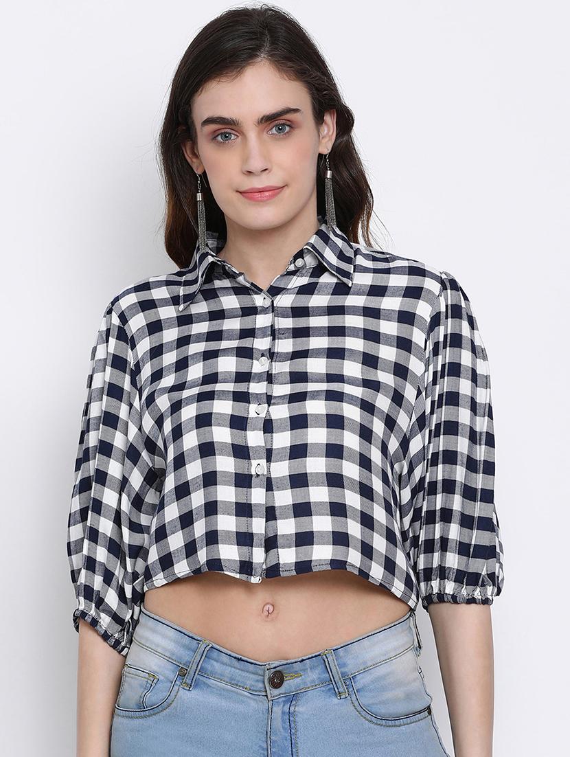 puff sleeved checkered crop shirt - 17715168 - Zoom Image - 0