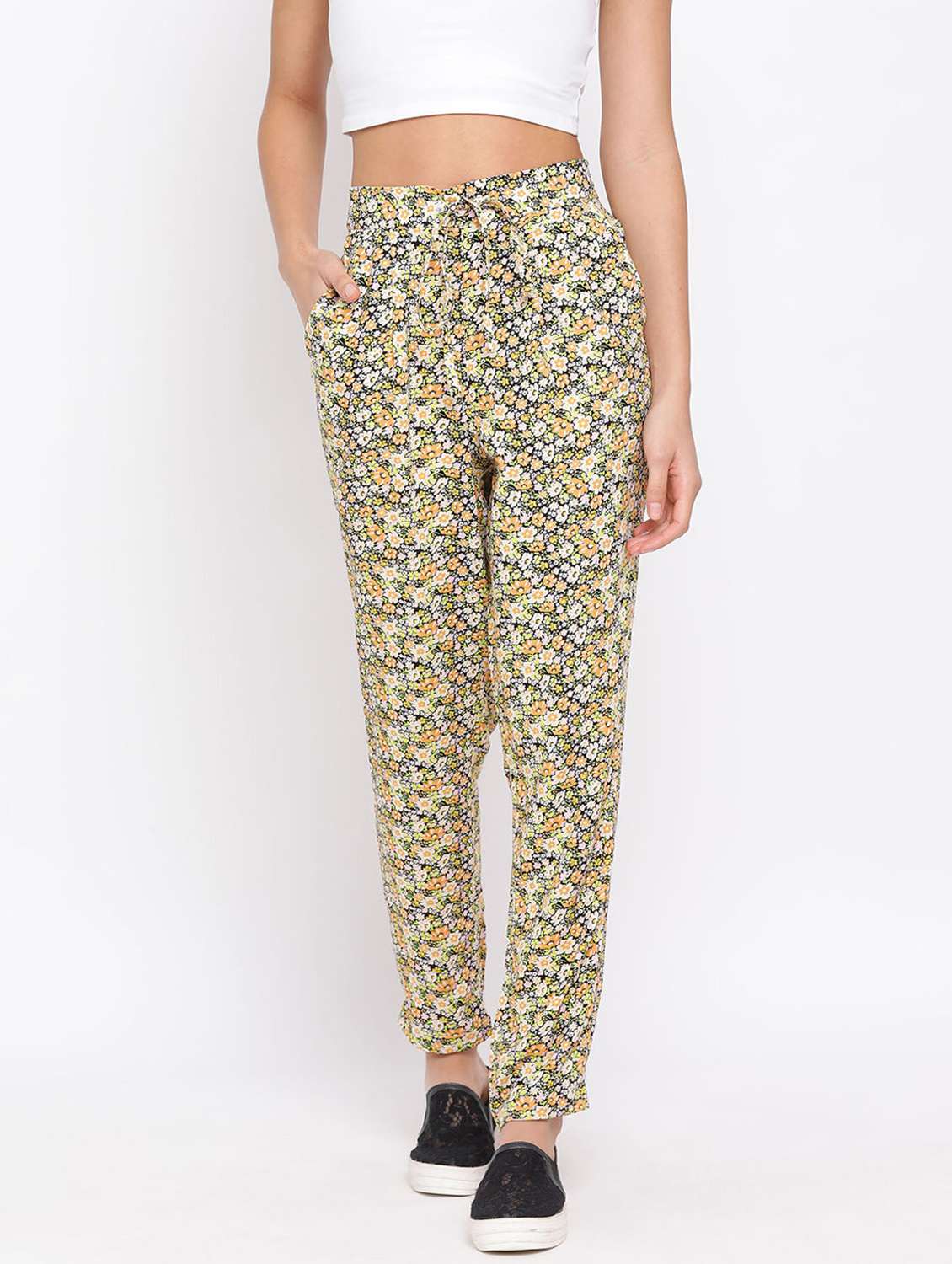 black floral printed flat front trouser