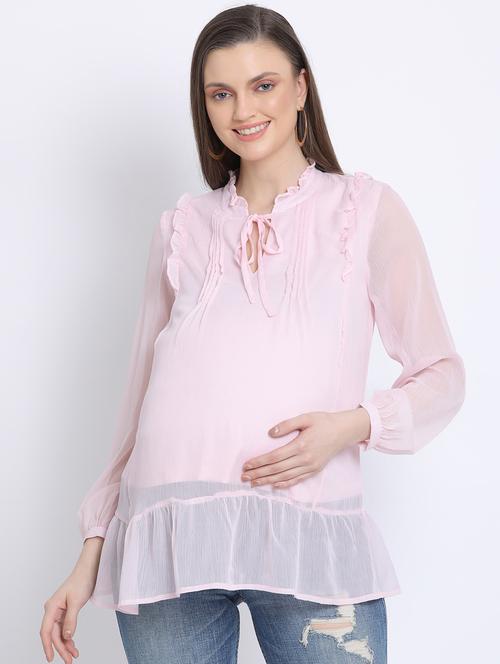 tie up neck solid maternity wear top - 17715216 - Standard Image - 0
