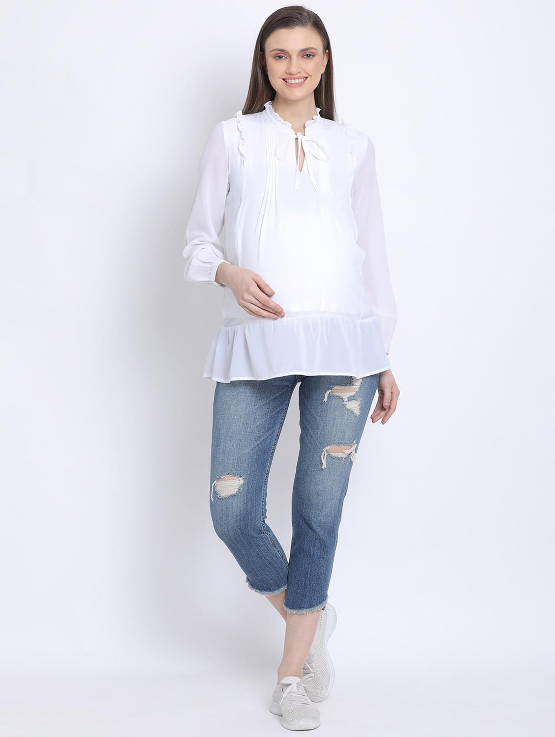 tie up neck solid maternity wear top - 17715217 - Standard Image - 3