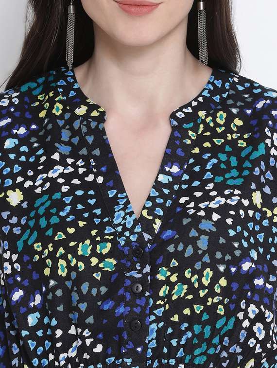 mandarin neck printed a-line dress - 17715237 -  Standard Image - 3