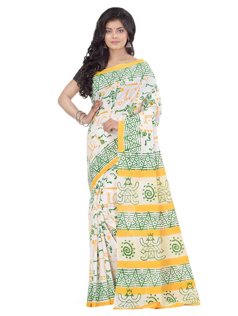 white cotton printed saree