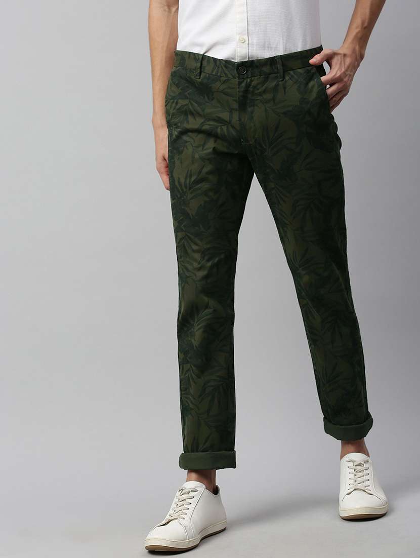 green textured flat front casual trouser