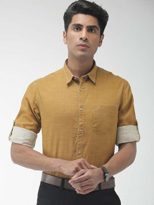 khaki self design casual shirt - 17716538 - Standard Image - 0