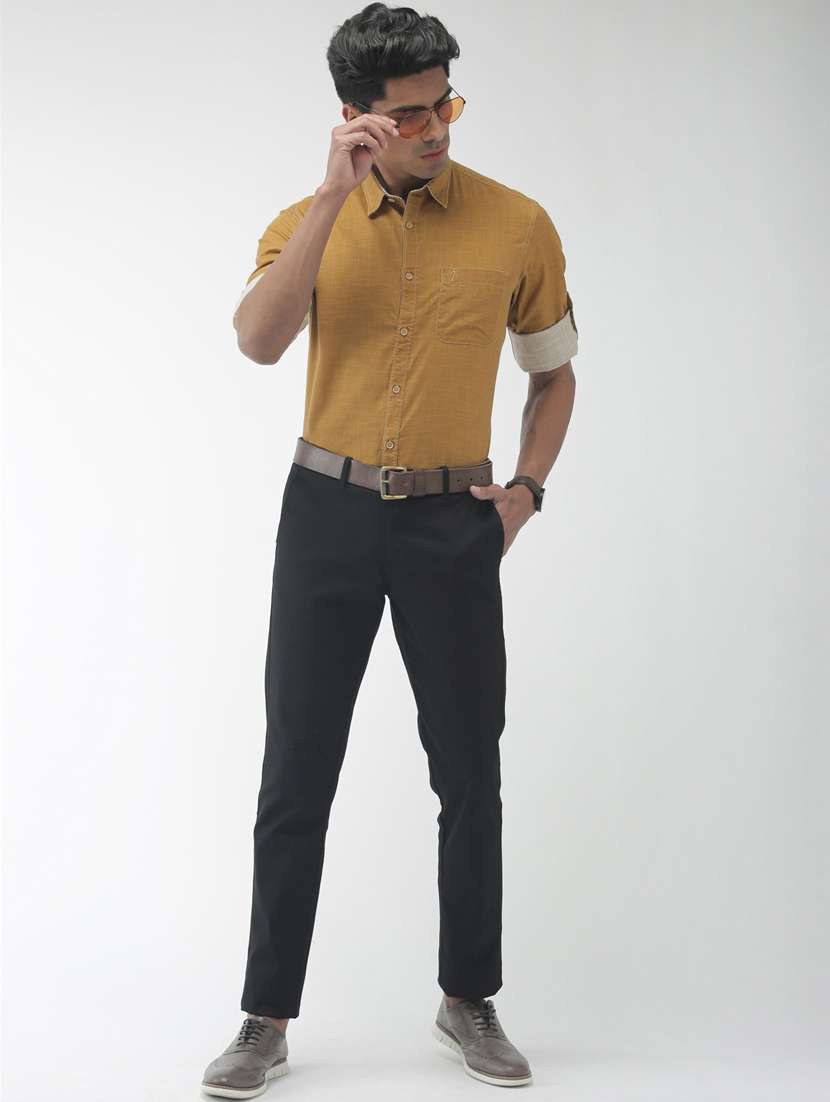 khaki self design casual shirt - 17716538 - Standard Image - 3