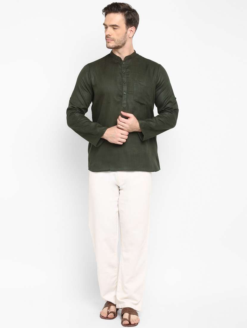 bottle green solid short kurta - 17718754 - Standard Image - 3