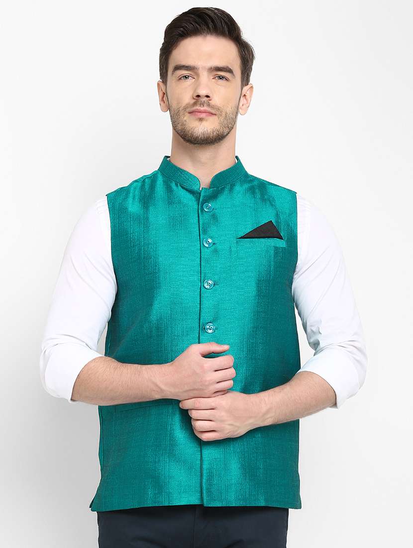 green solid silk nehru jacket