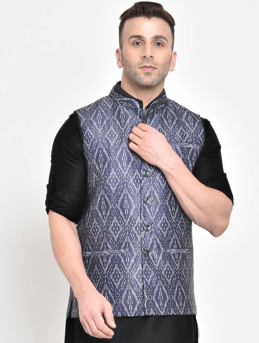 grey printed nehru jacket