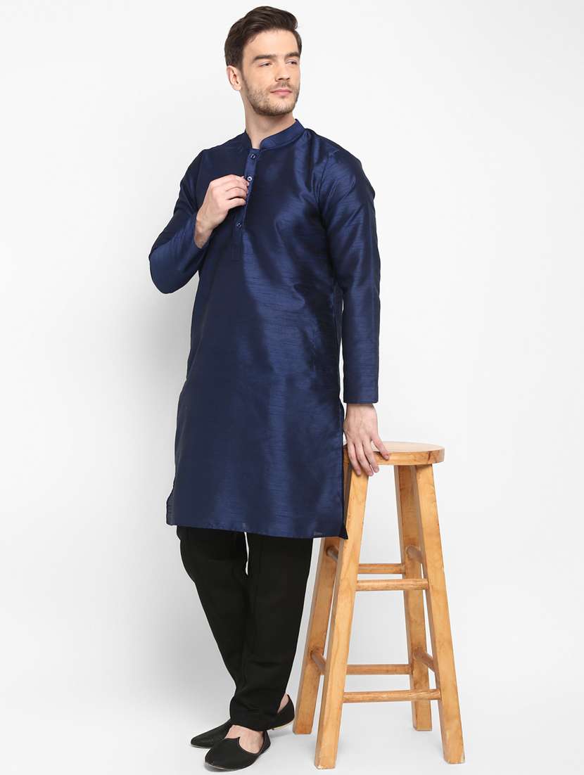 navy blue solid silk blend long kurta - 17718856 -  Standard Image - 3