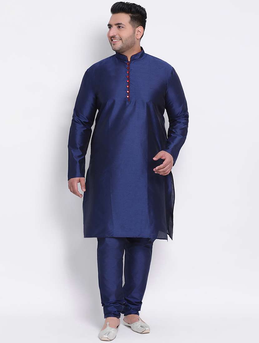 plus size navy blue solid silk blend kurta pyjama set