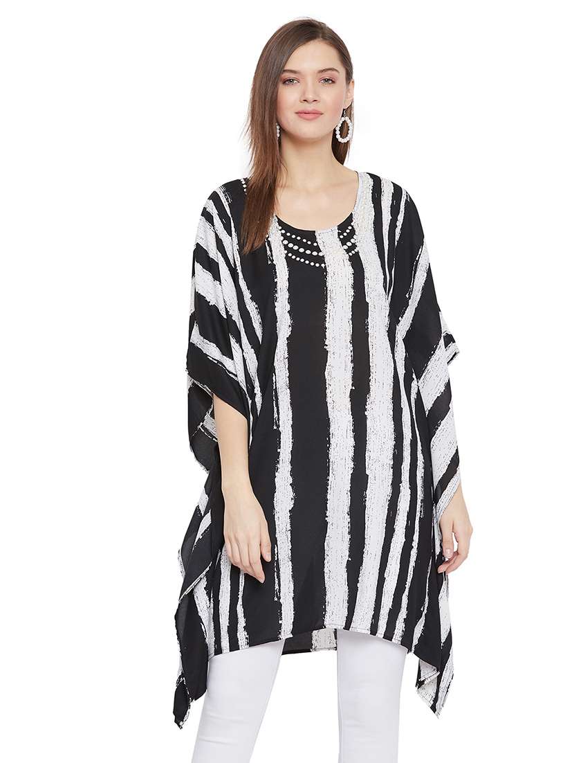 white & black round neck striped kaftan tunic 