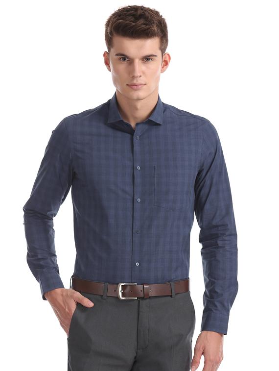 navy blue checkered formal shirt - 17727619 -  Zoom Image - 0
