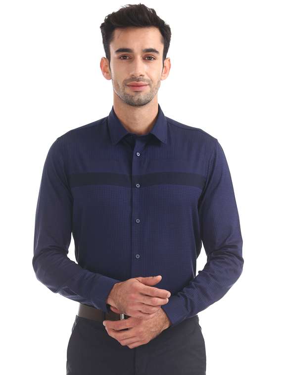 navy blue checkered formal shirt - 17727642 -  Zoom Image - 0