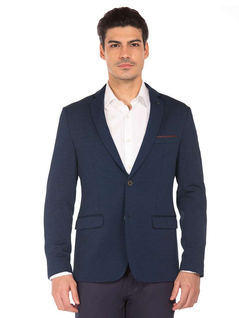 navy blue self design single breasted formal blazer - 17729714 - Zoom Image - 0