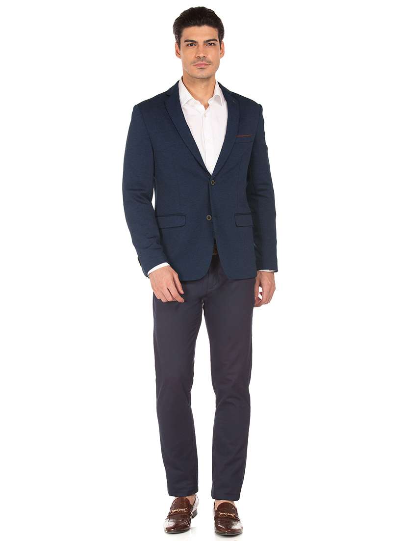 navy blue self design single breasted formal blazer - 17729714 - Standard Image - 3