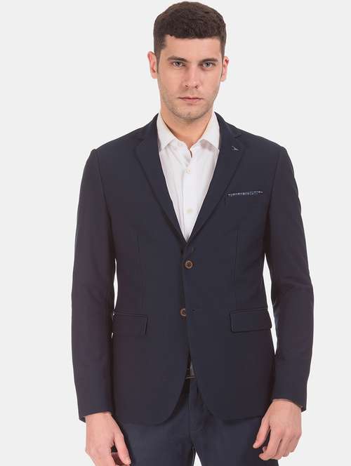 navy blue self design single breasted formal blazer - 17729717 - Standard Image - 0