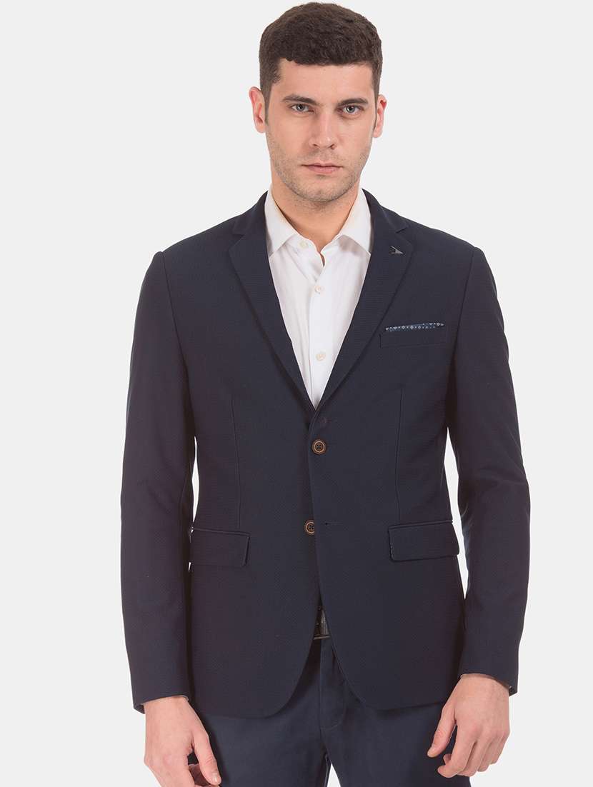 navy blue self design single breasted formal blazer - 17729717 - Zoom Image - 0