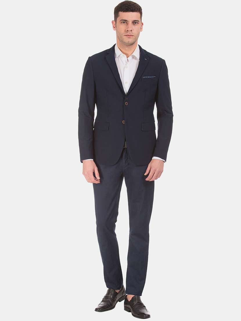 navy blue self design single breasted formal blazer - 17729717 - Standard Image - 3
