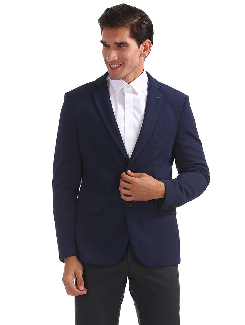 navy blue self design single breasted formal blazer - 17729730 - Zoom Image - 0