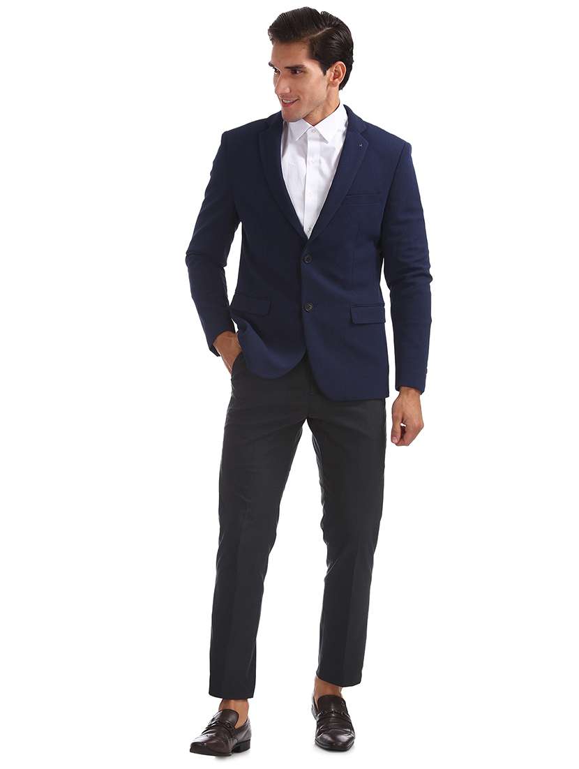 navy blue self design single breasted formal blazer - 17729730 - Standard Image - 3