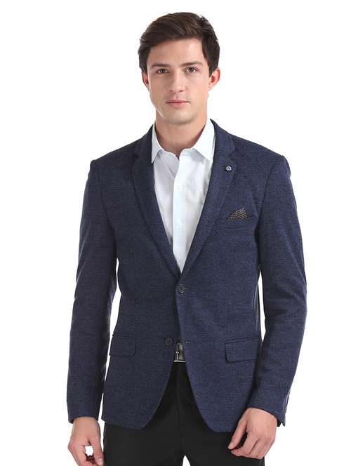 navy blue self design single breasted formal blazer - 17729759 - Standard Image - 0