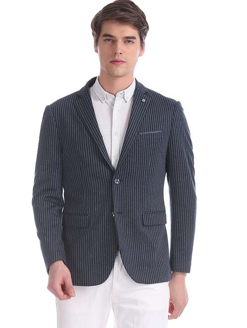 navy blue striped single breasted formal blazer - 17729771 - Standard Image - 0