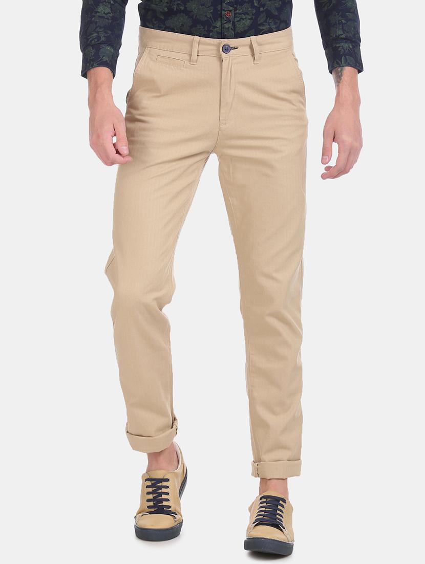 beige solid flat front casual trouser - 17730300 - Zoom Image - 0