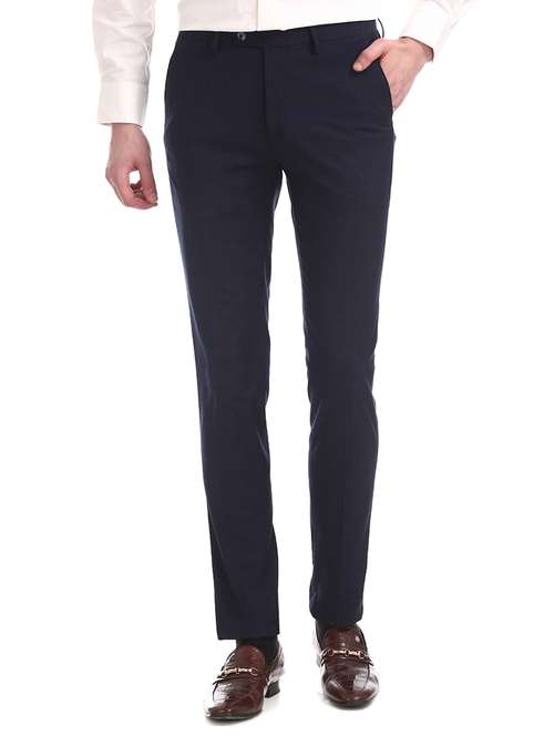 navy blue solid flat front formal trouser - 17730980 -  Standard Image - 0