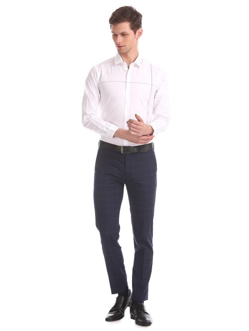 navy blue checkered flat front formal trouser - 17731007 - Standard Image - 3