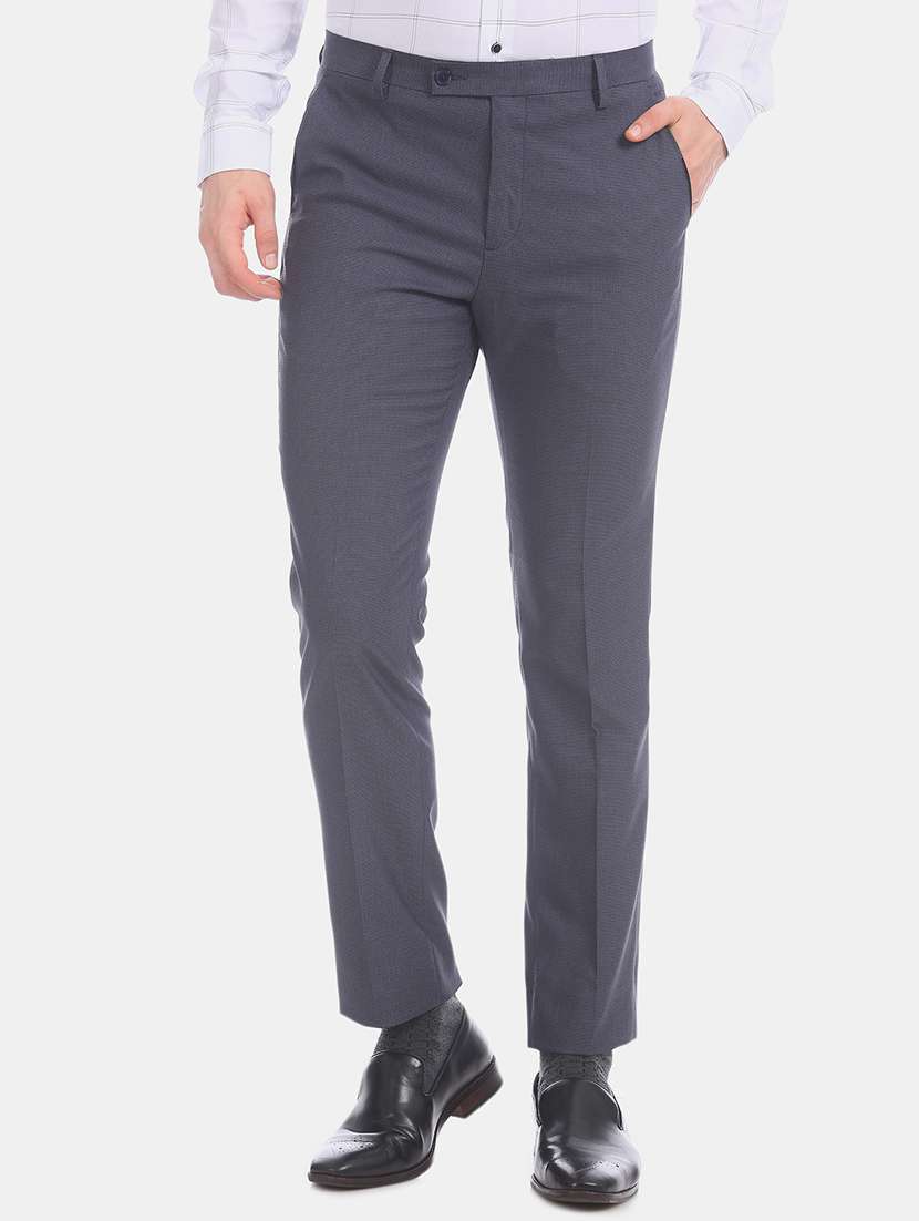 navy blue textured flat front formal trouser - 17731200 - Zoom Image - 0