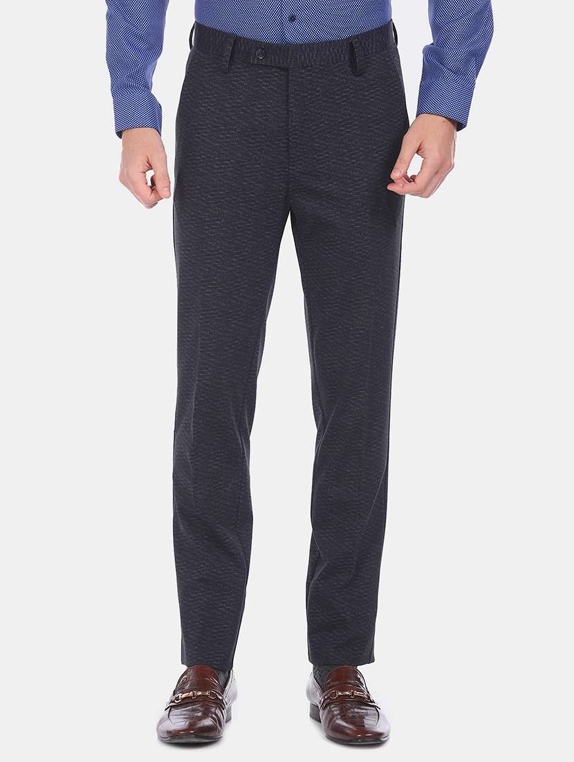 navy blue textured flat front formal trouser - 17731220 - Zoom Image - 0