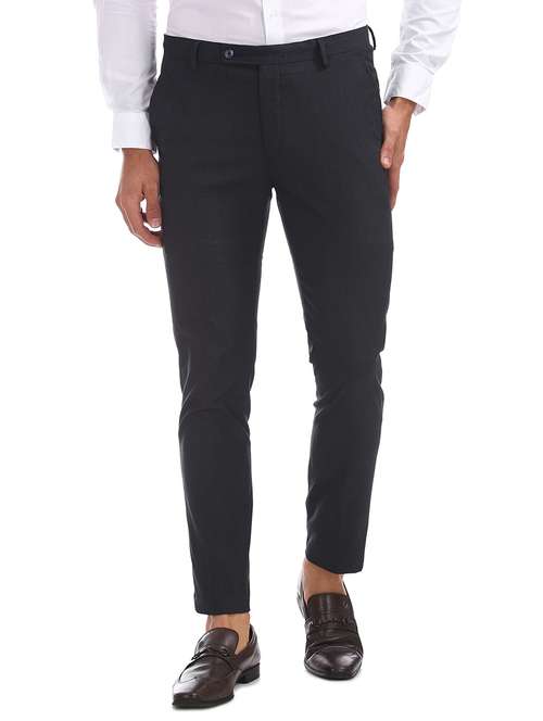 navy blue textured flat front formal trouser - 17731330 -  Standard Image - 0