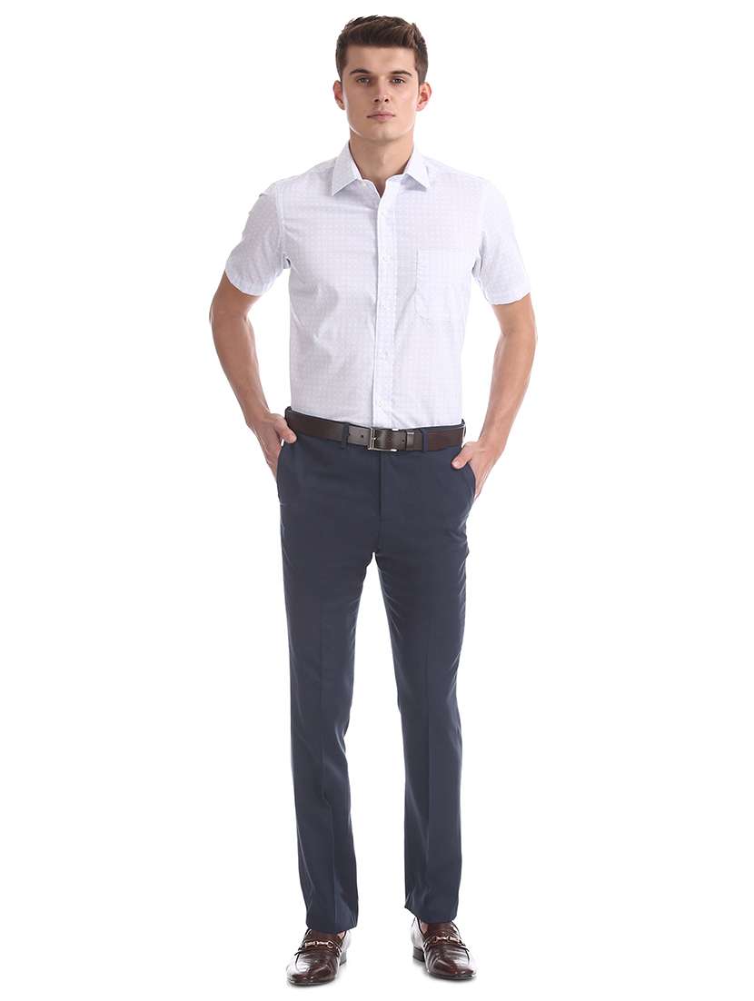 navy blue solid flat front formal trouser - 17731392 - Standard Image - 3