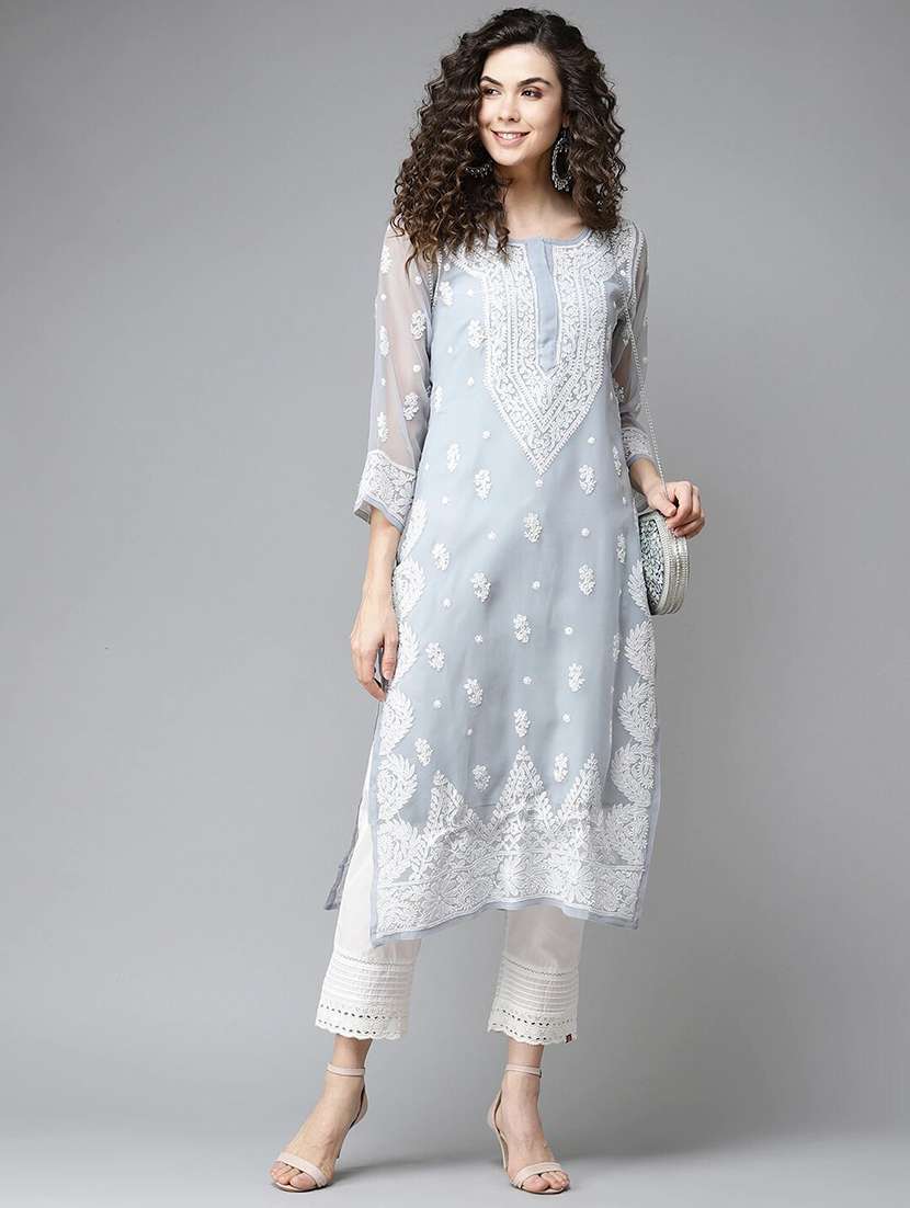 ada hand-embroidered grey chikankari straight kurta - 17732555 -  Standard Image - 3