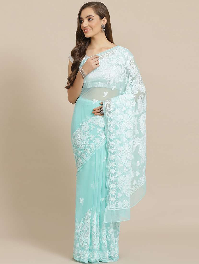 ada hand-embroidered sea green chikankari saree with blouse - 17733146 -  Zoom Image - 0