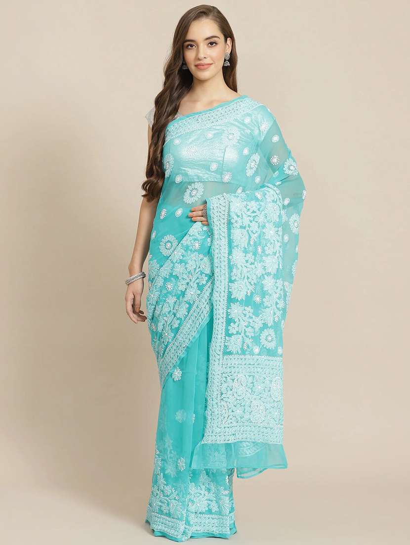 ada hand-embroidered turquoise chikankari saree with blouse - 17733148 -  Zoom Image - 0
