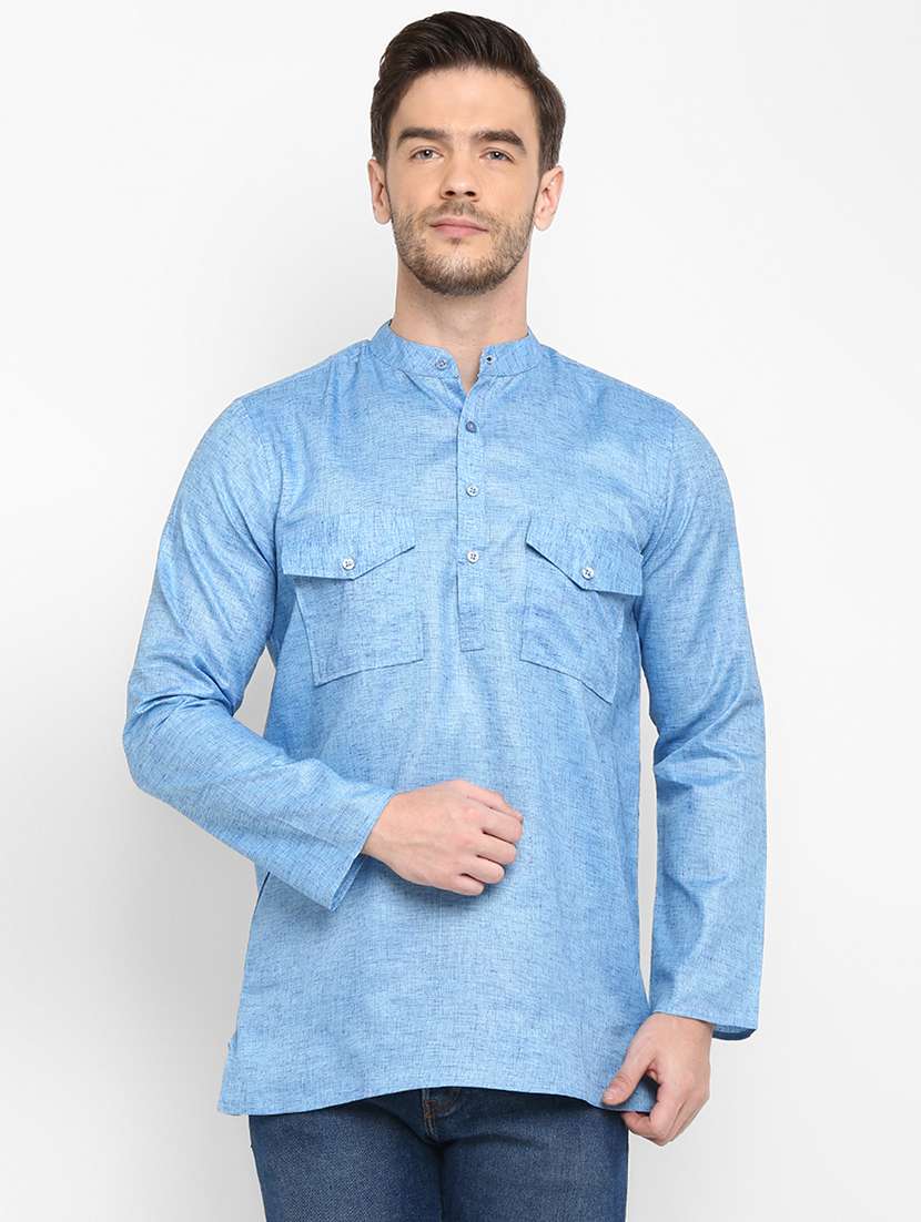 blue solid khadi short kurta