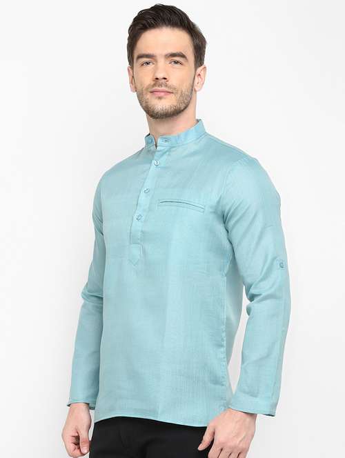 blue solid silk blend short kurta - 17733703 -  Standard Image - 0