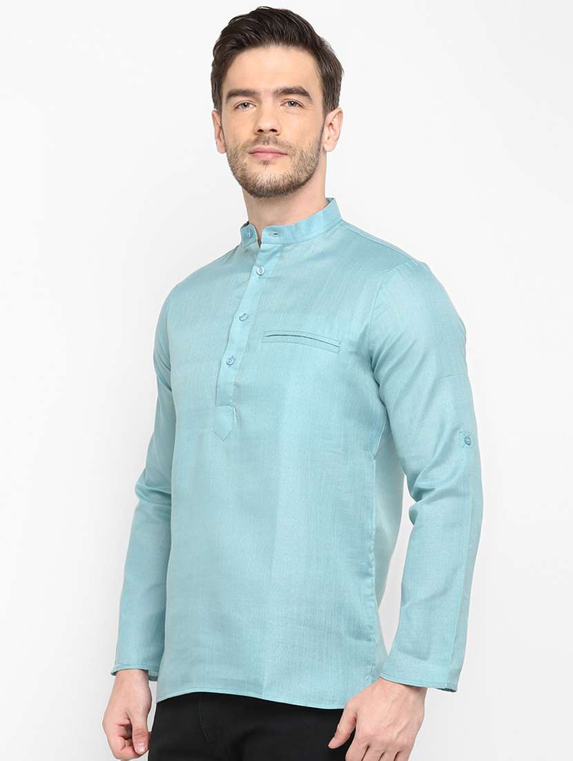 blue solid silk blend short kurta - 17733703 -  Zoom Image - 0