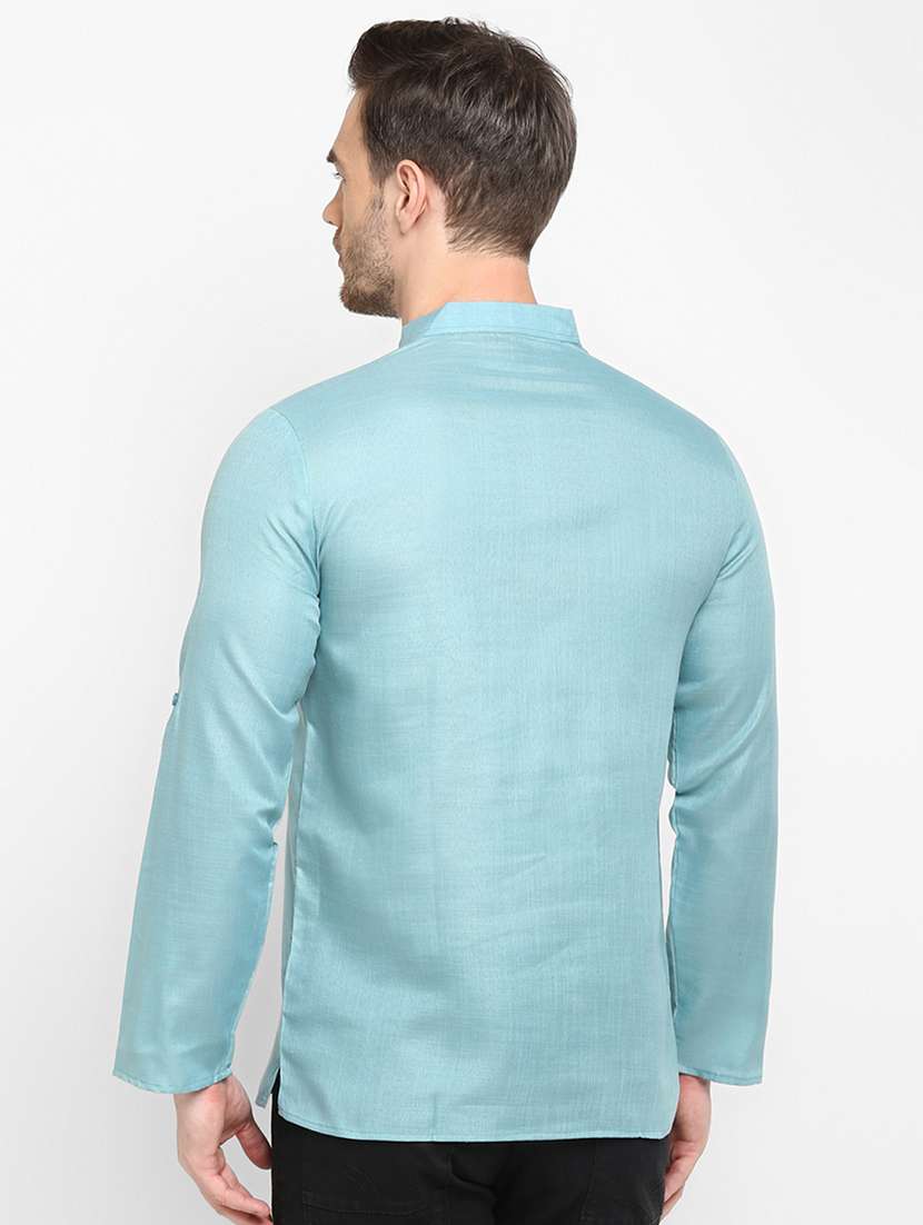 blue solid silk blend short kurta - 17733703 - Standard Image - 3