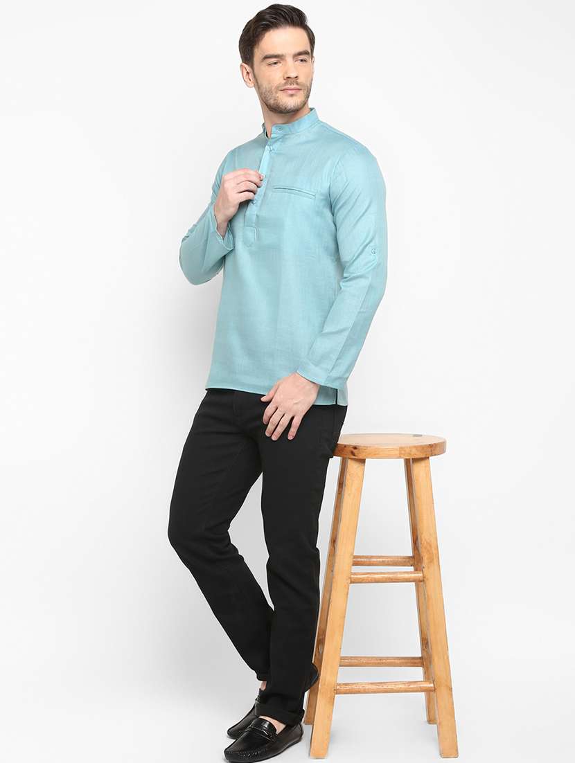 blue solid silk blend short kurta - 17733703 - Standard Image - 5