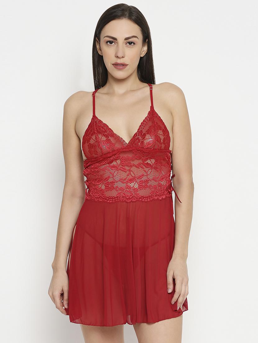 red halter neck net babydoll - 17733945 - Zoom Image - 0
