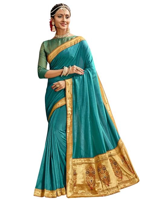 teal plain saree - 17734618 - Standard Image - 0