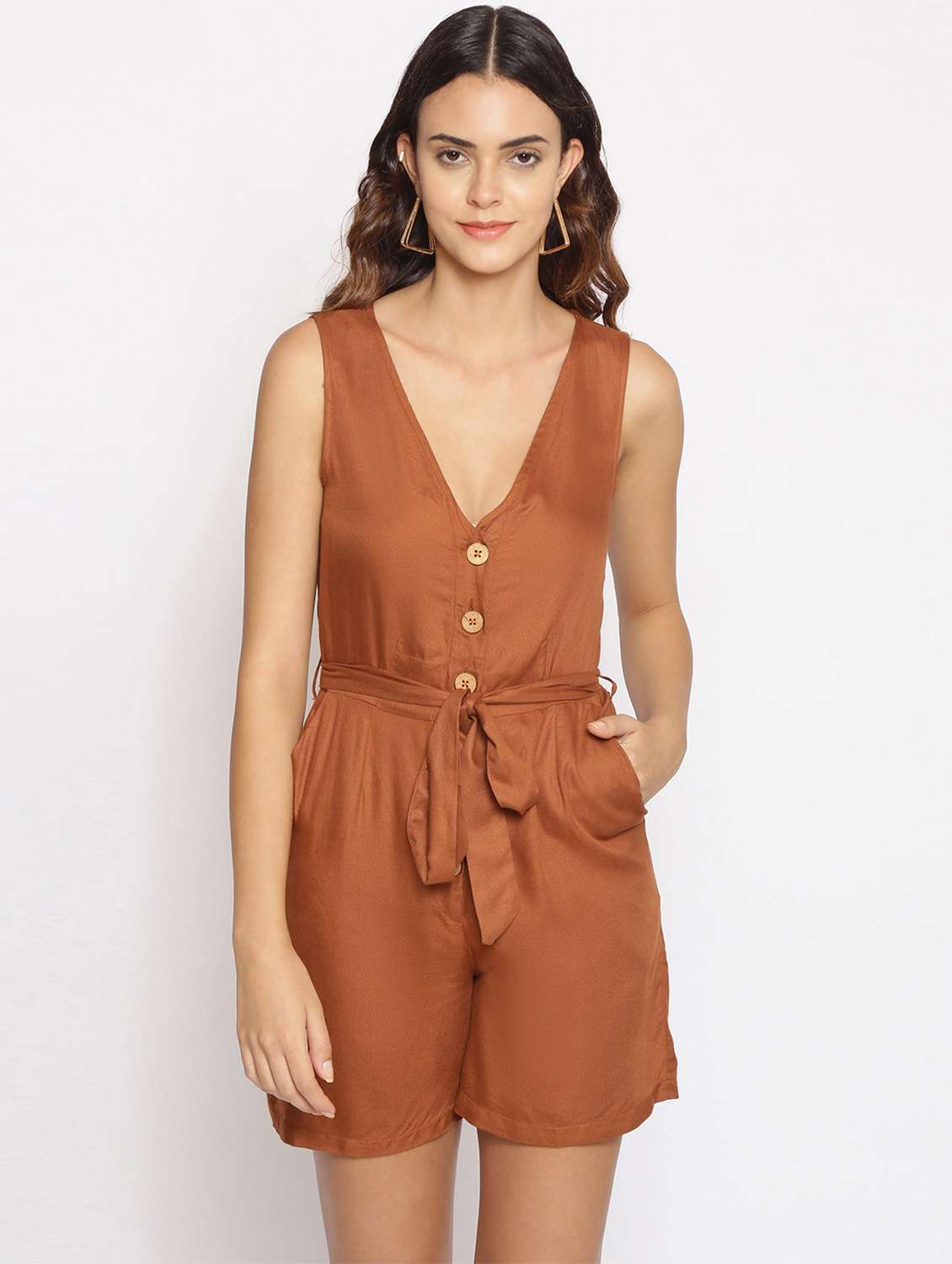 brown viscose dungaree jumpsuit