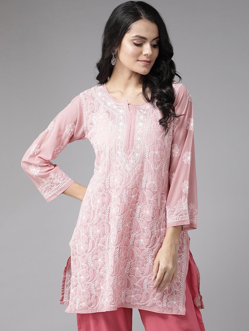 ada hand-embroidered pink chikankari kurti - 17736001 - Zoom Image - 0